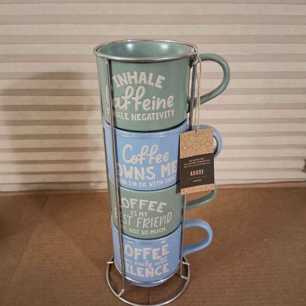 Abode Green and Blue Coffee Mug Set Of (4) With Metal Stand 13oz